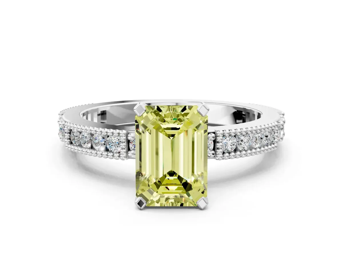Fancy Yellow Emerald Cut Solitaire with Pavé Band and Four-Prong Setting Silver