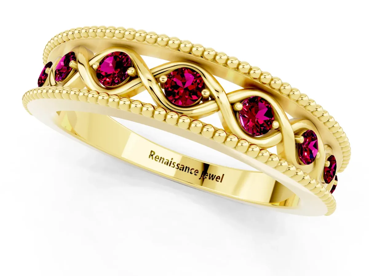 Round Garnet Twist Milgrain Band with Bezel Setting Yellow gold