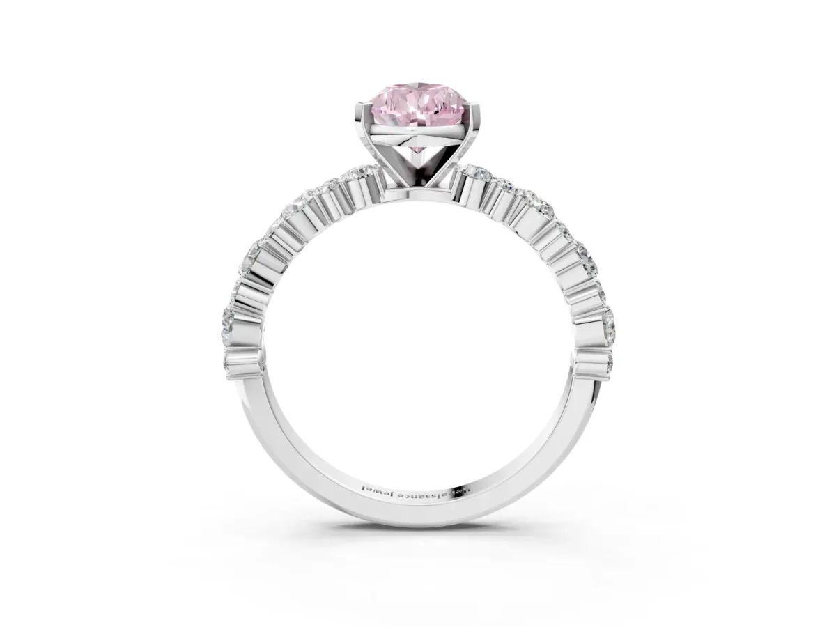 Fancy Pink Pear Cut Diamond Side Stone Solitaire Ring with Round and Four-Prong Setting White gold