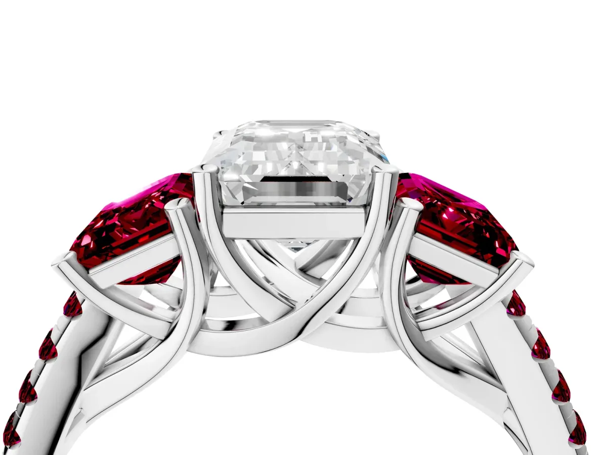 Three-Stone Emerald Cut Diamond Ring with Round Garnet Pavé Band and Prong Setting Platinum