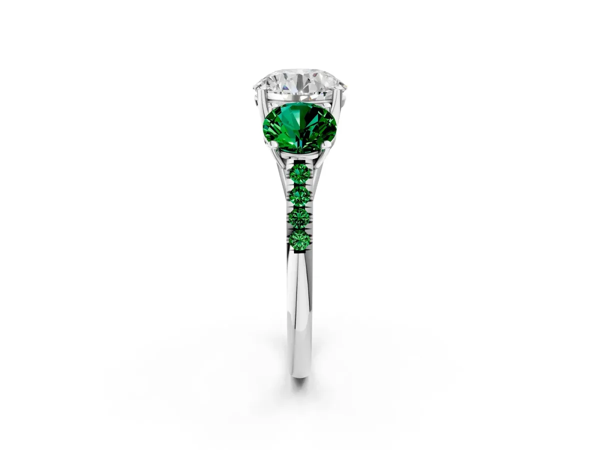 Three-Stone Round Cut Diamond Ring with Round Emerald Pavé Band and Prong Setting White gold