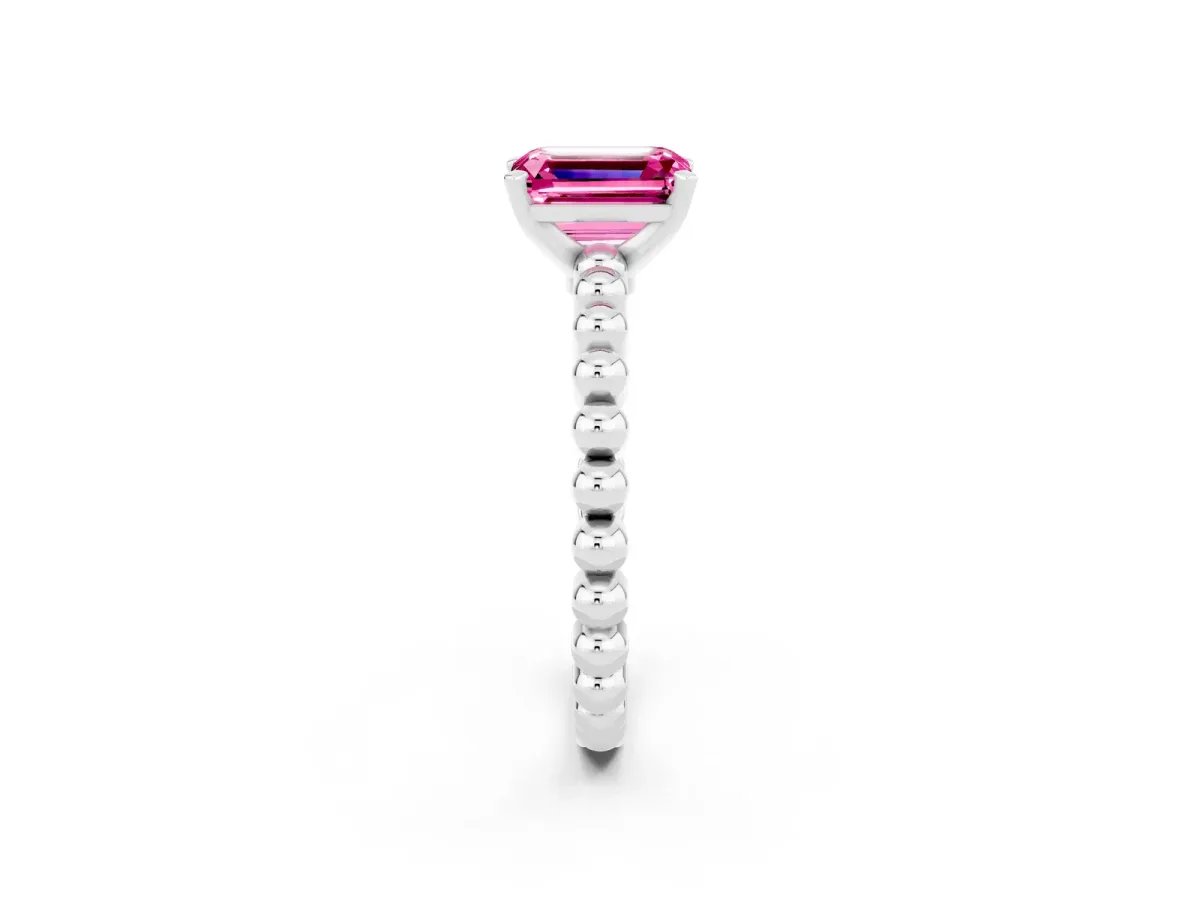 Emerald Cut Pink Sapphire Solitaire Ring with Beaded Band and Prong Setting Silver