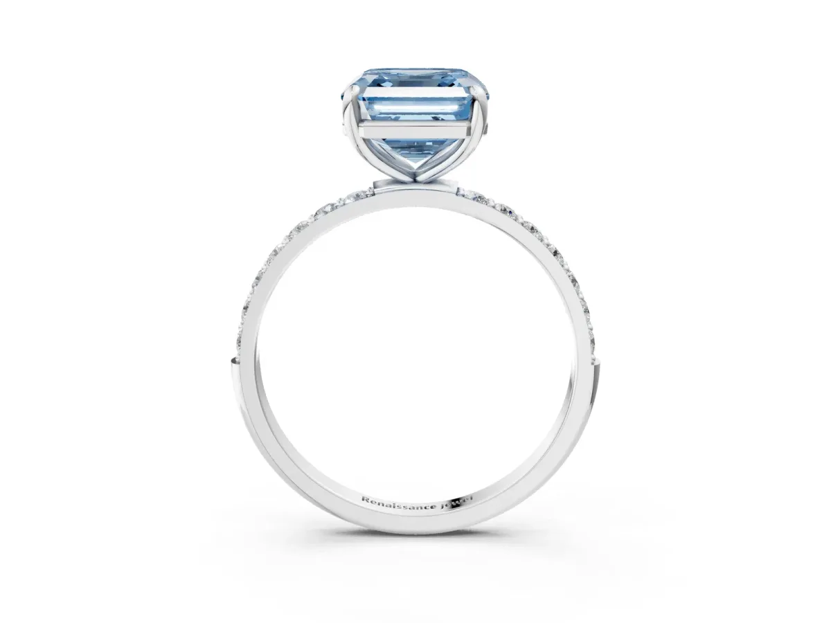 Fancy Blue Asscher Cut Diamond Solitaire Ring with Round Pavé Band and Prong Setting Platinum