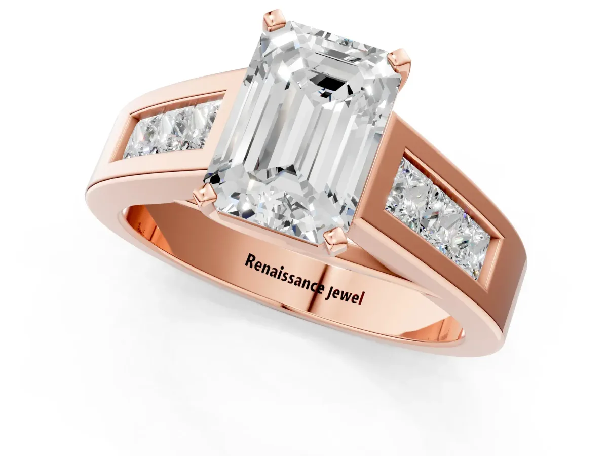 Emerald Cut Cut Channel Set Solitaire Ring with Four-Prong Setting Rose gold