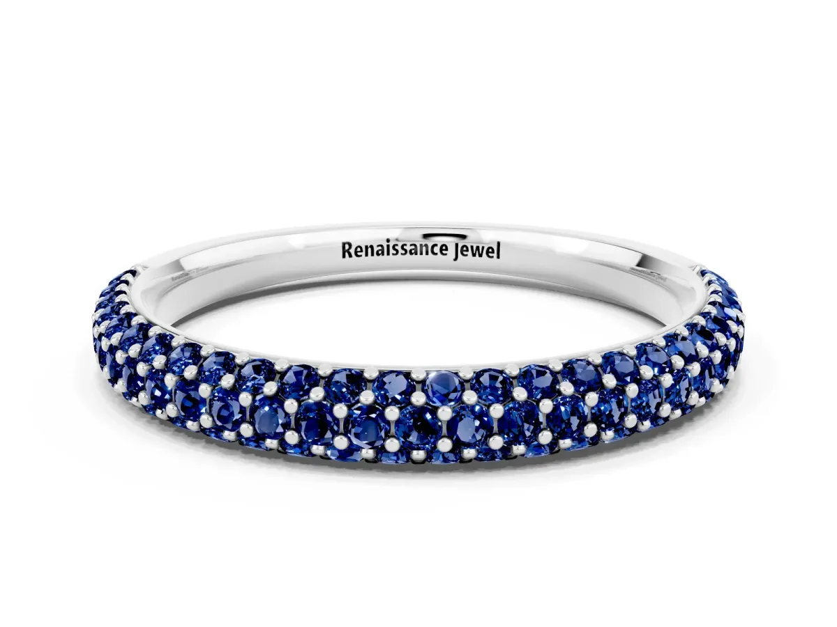 Round Blue Sapphire Pavé Eternity Band with Shared Prong Setting Silver