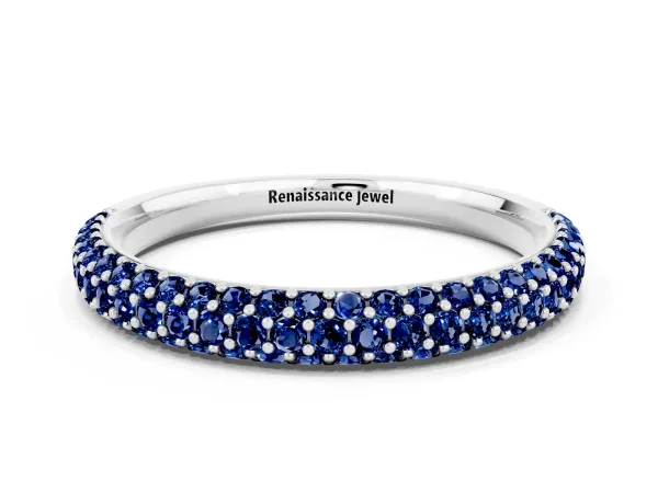 Round Blue Sapphire Pavé Eternity Band with Shared Prong Setting White gold