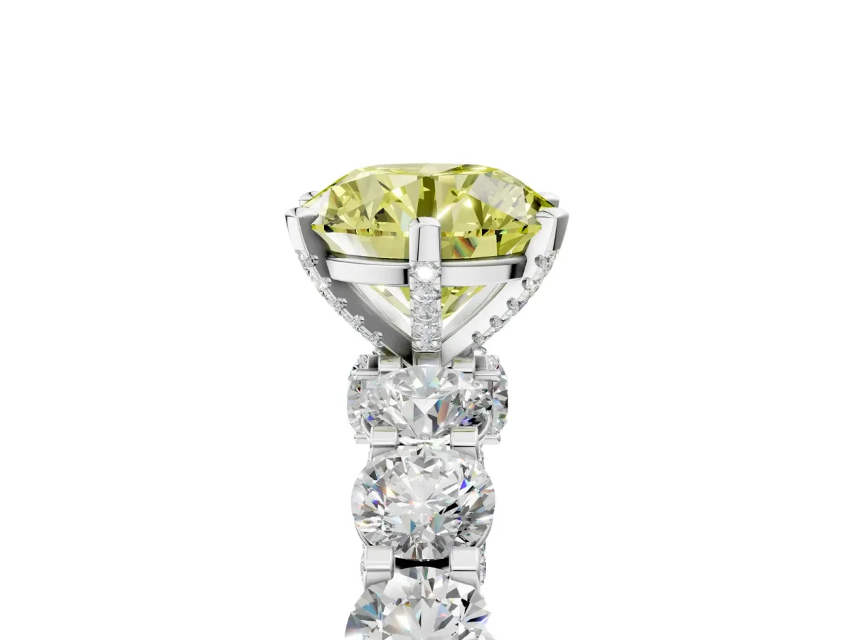Fancy Yellow Round Cut Diamond Side Stone Engagement Ring with Four-Prong Setting White gold