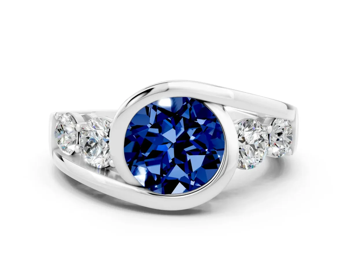 Bezel Set Round Cut Blue Sapphire Bypass Ring with Round Accents Platinum