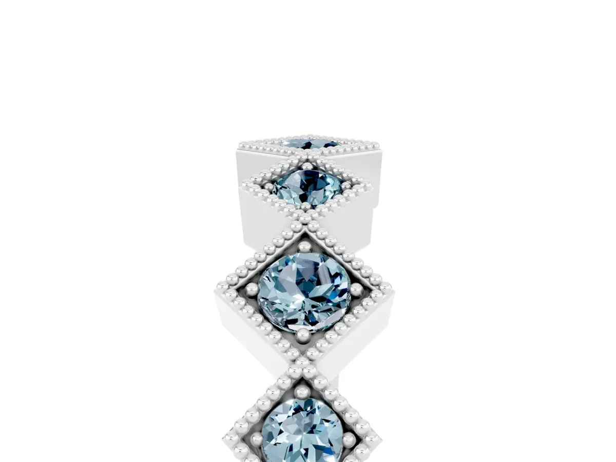 Milgrain Square Bezel Round Aquamarine Chevron Band Platinum