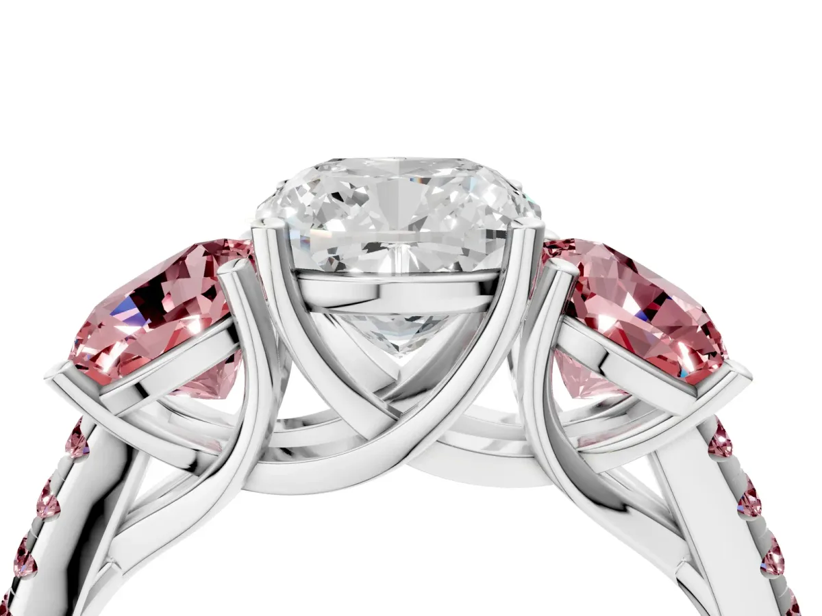 Three-Stone Cushion Cut Diamond Ring with Round Morganite Pavé Band and Prong Setting Silver