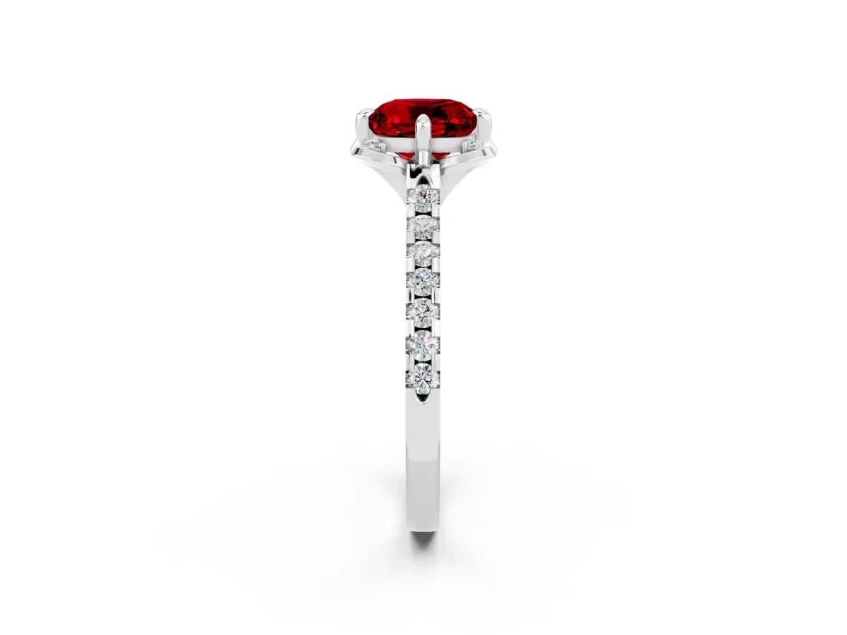 Cushion Cut Ruby Ring with Pavé Band and Floral Prong Setting White gold