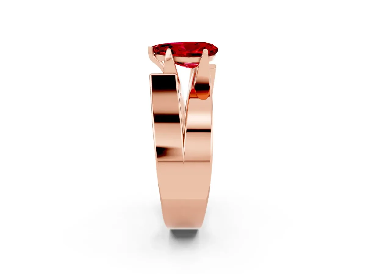 Modern Tension Set Pear Cut Ruby Solitaire Wide Band Ring Rose gold