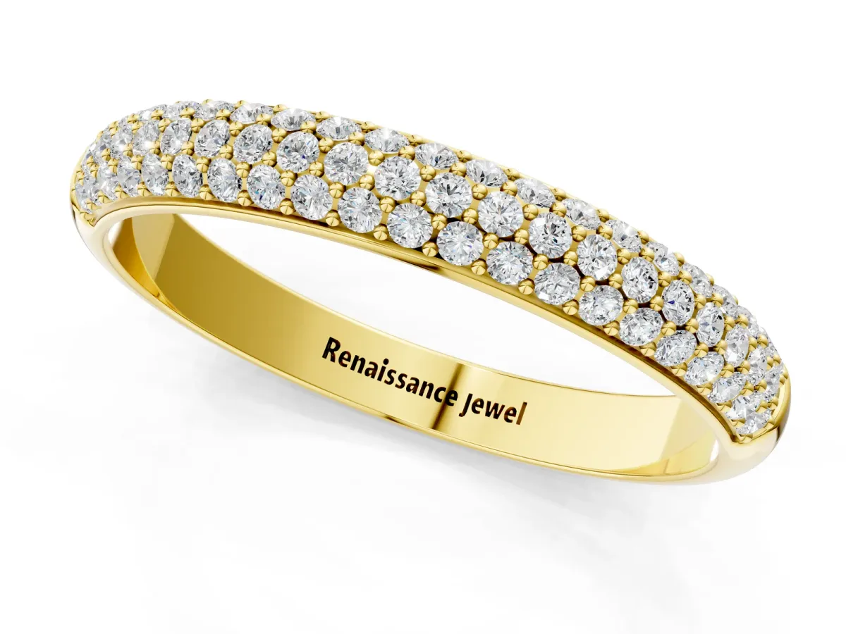Three-Row Pave Round Diamond Eternity Band with Shared Prong Setting Yellow gold