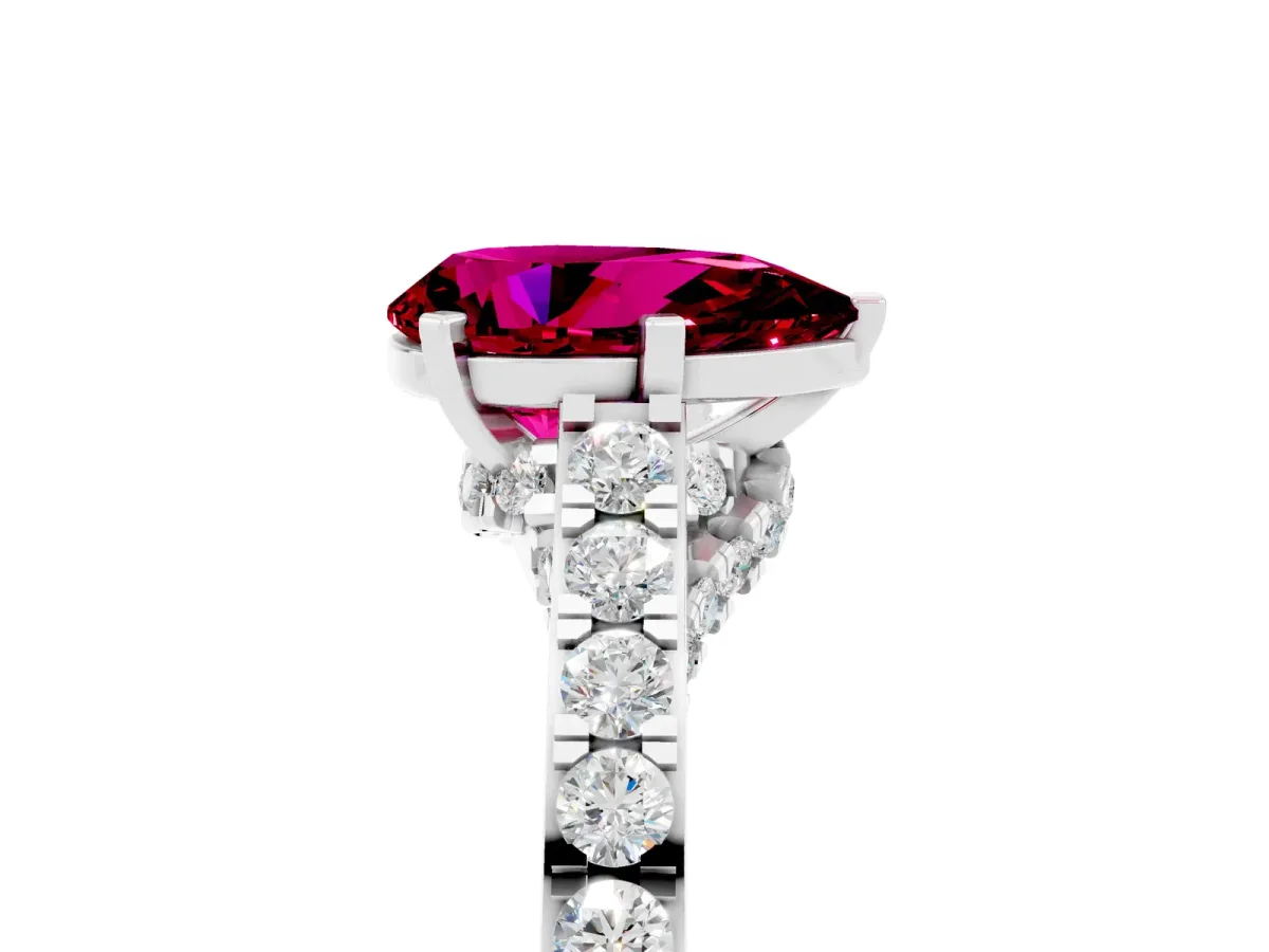 Pear Cut Garnet Solitaire Ring with Crossover Gallery and Round Pavé Band Silver