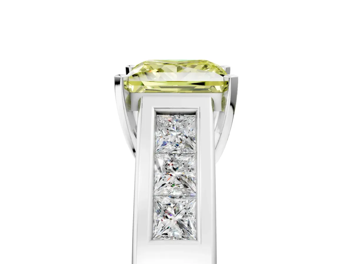 Fancy Yellow Princess Cut Cut Channel Set Solitaire Ring with Four-Prong Setting Silver