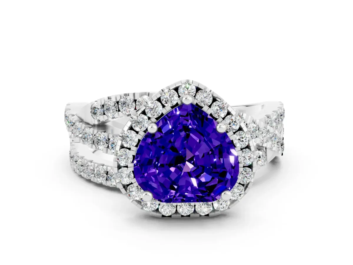 Heart Cut Tanzanite Halo Ring with Round Split Shank and Prong Setting Platinum