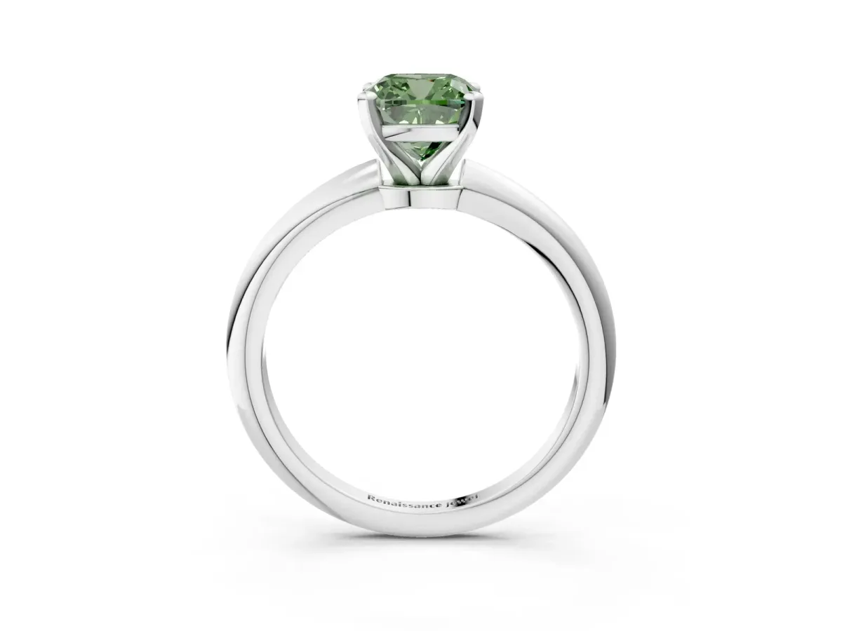 Fancy Green Cushion Cut Diamond Solitaire Ring with Six-Prong Setting and Classic Band Silver