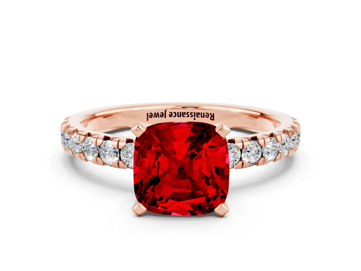 Cushion Cut Ruby Solitaire Pavé Engagement Ring with Round Band and Prong Setting Rose gold