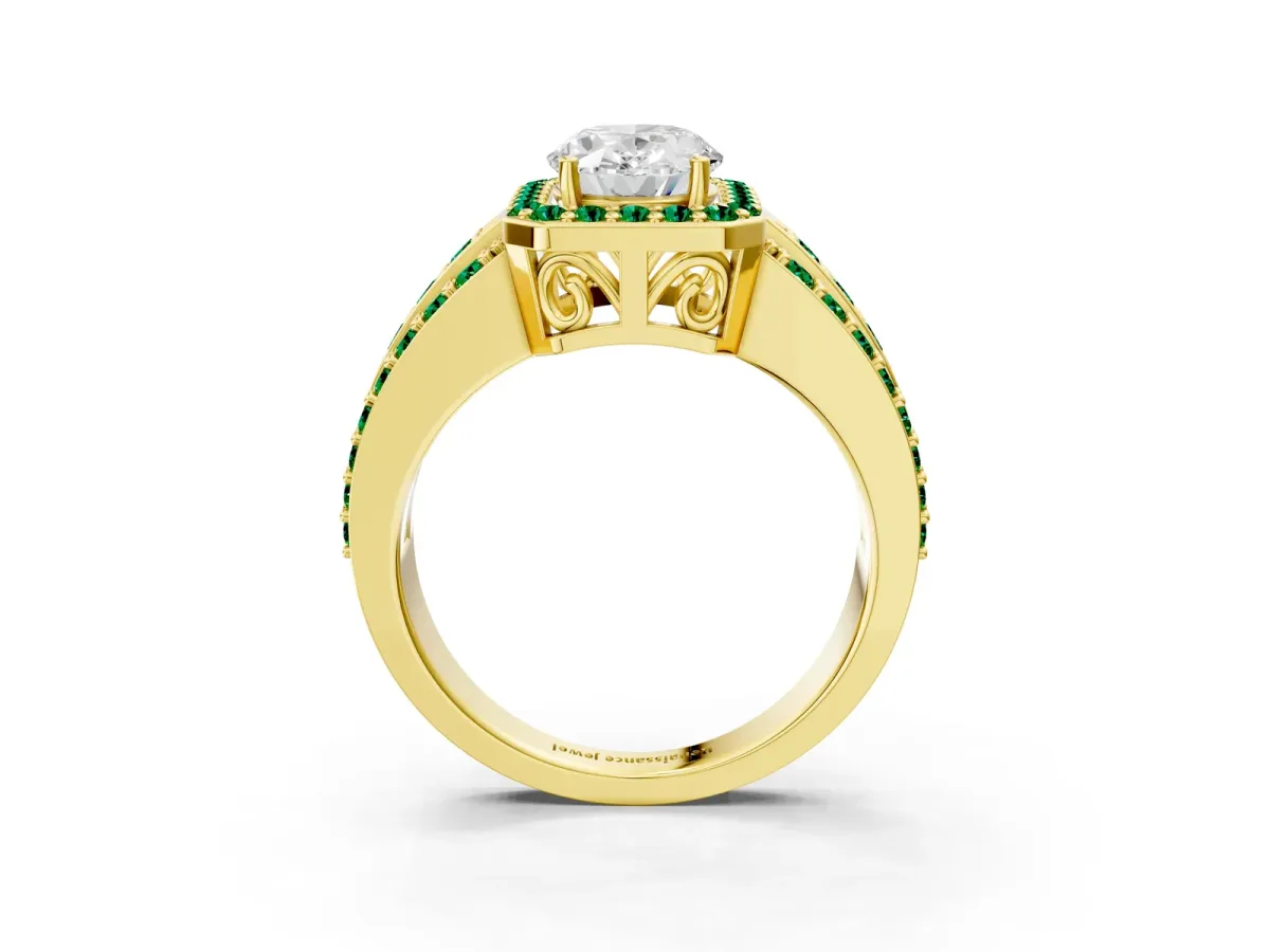 Oval Cut Halo Diamond Ring with Round Emerald Split Shank and Prong Setting Yellow gold