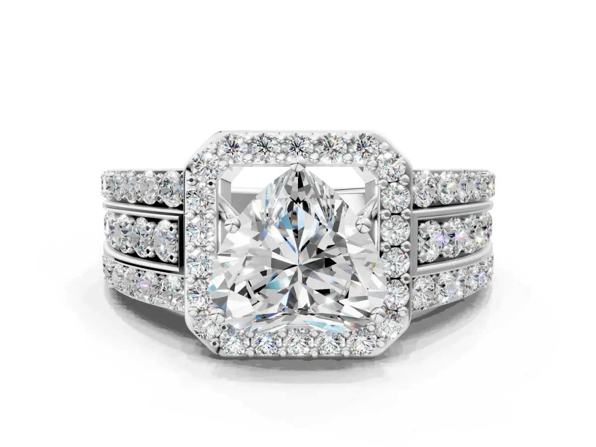 Heart Cut Halo Diamond Ring with Round Split Shank and Prong Setting Platinum
