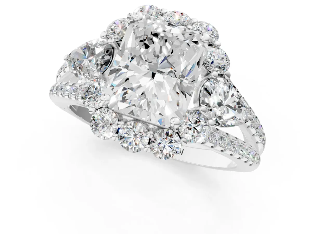 Radiant Cut Halo Split Shank Diamond Engagement Ring with Prong Setting Platinum