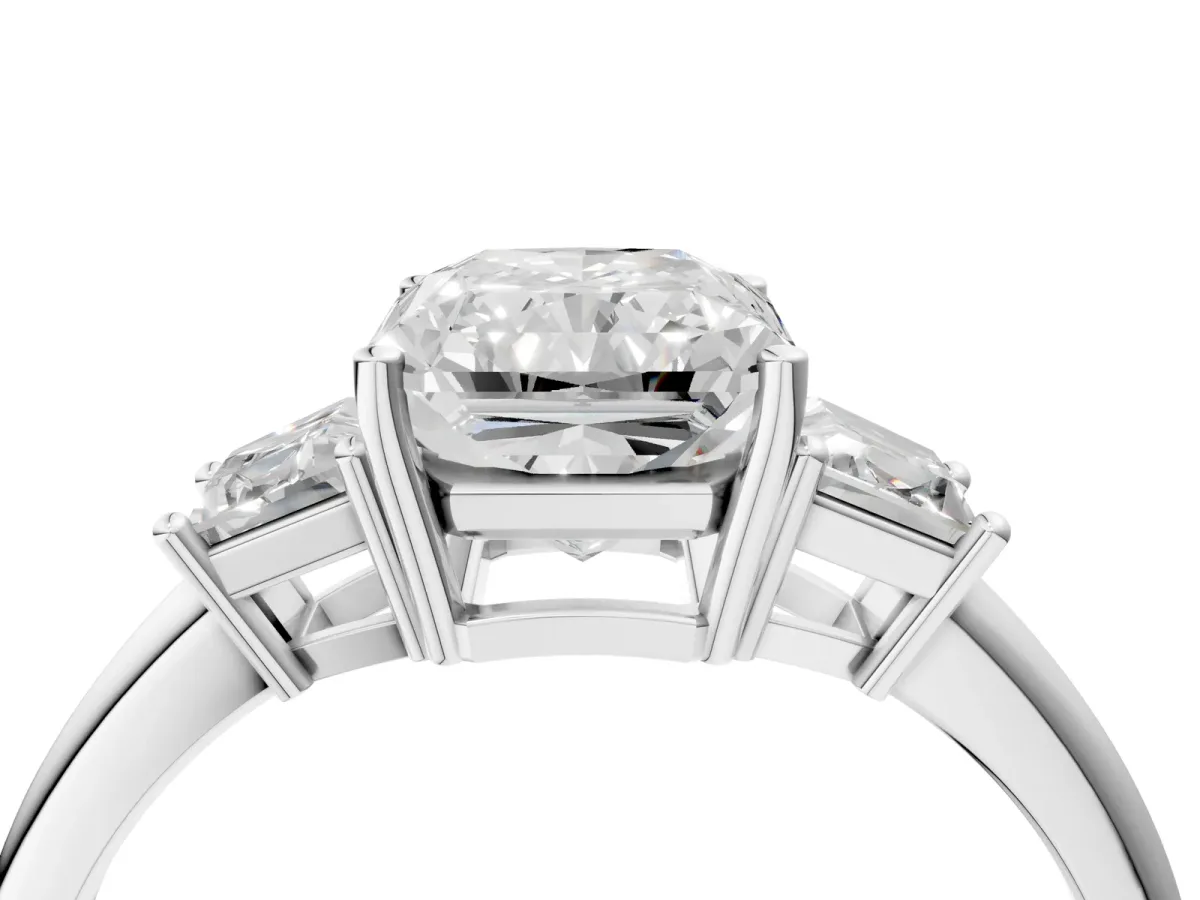 Radiant Cut Diamond Three-Stone Ring with Trapezoid Side Stones and Prong Setting Platinum