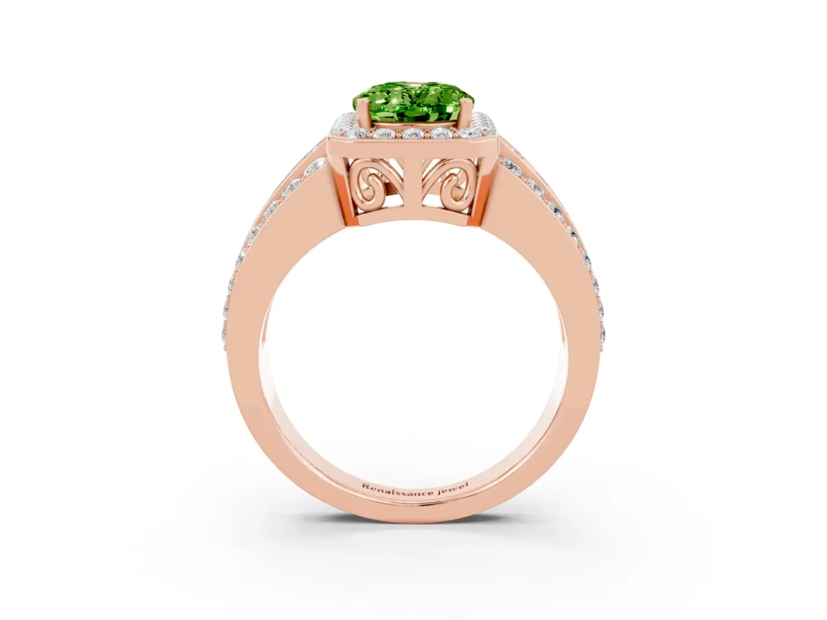 Oval Cut Halo Peridot Ring with Round Split Shank and Prong Setting Rose gold