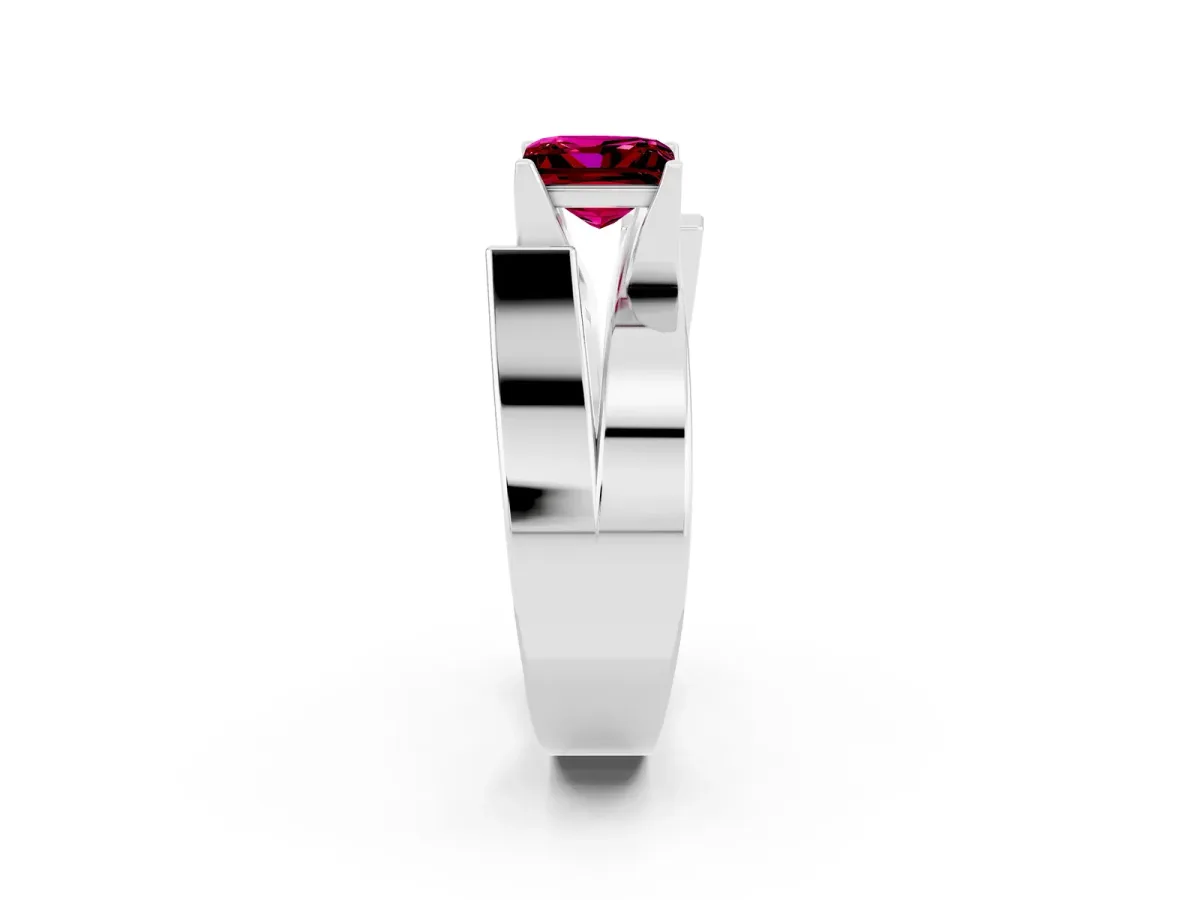 Modern Tension Set Princess Cut Garnet Solitaire Wide Band Ring Silver