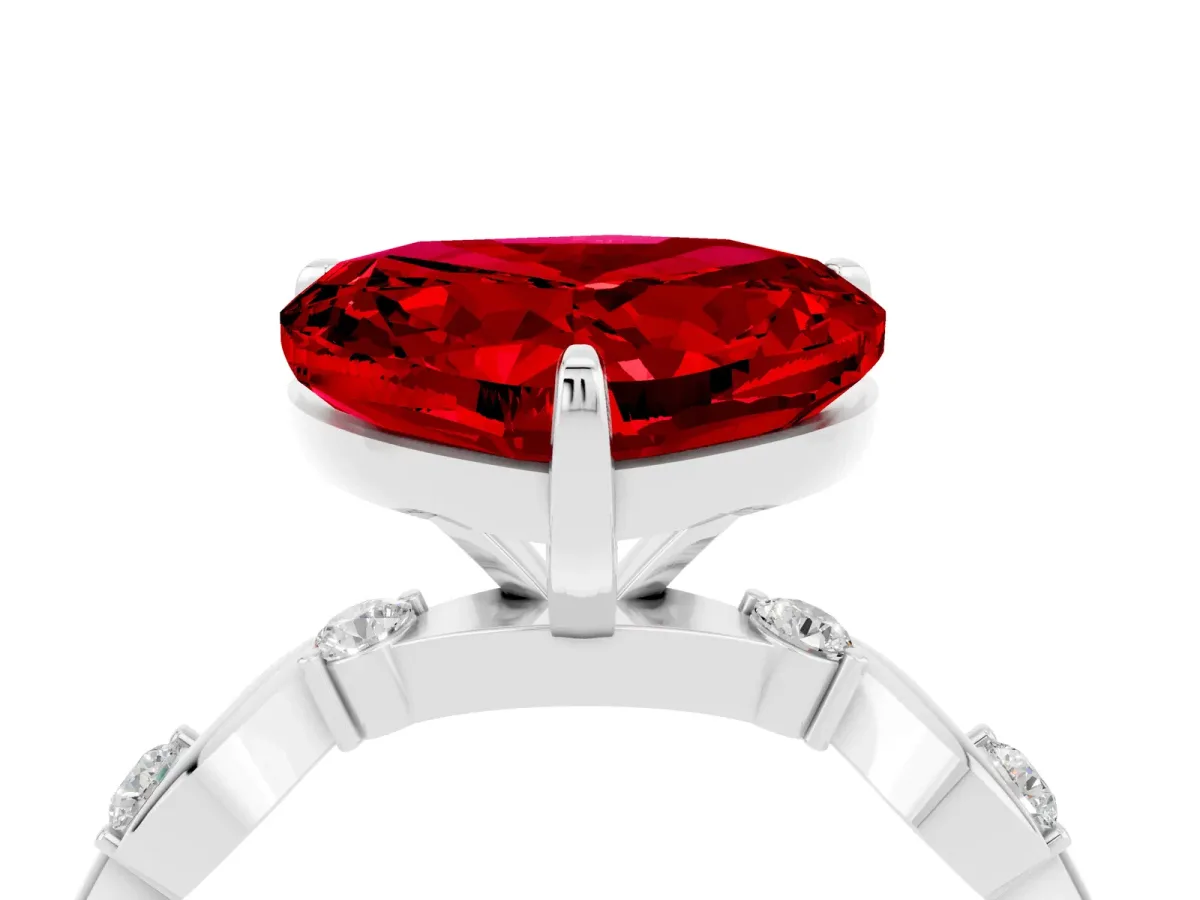 Heart Cut Ruby Solitaire Twisted Band with Round Accents and Prong Setting White gold