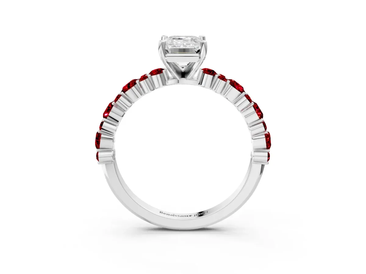 Emerald Cut Diamond Side Stone Solitaire Ring with Round Ruby and Four-Prong Setting White gold