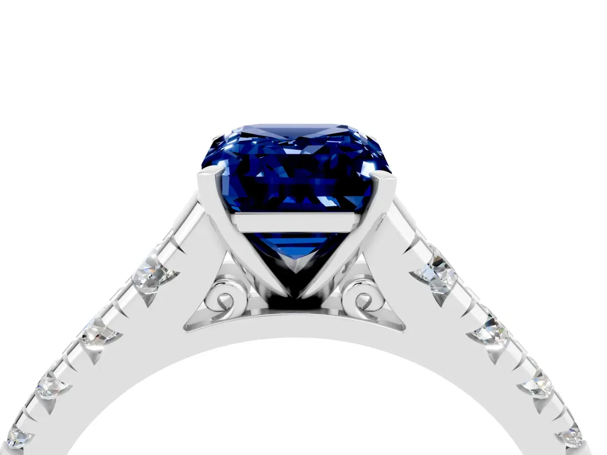 Emerald Cut Blue Sapphire Cathedral Solitaire Ring with Round Pavé Band Silver