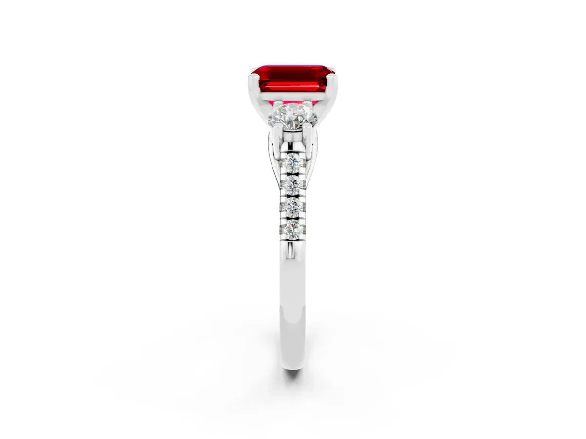 Three-Stone Emerald Cut Ruby Pavé Band with Four-Prong Setting Silver