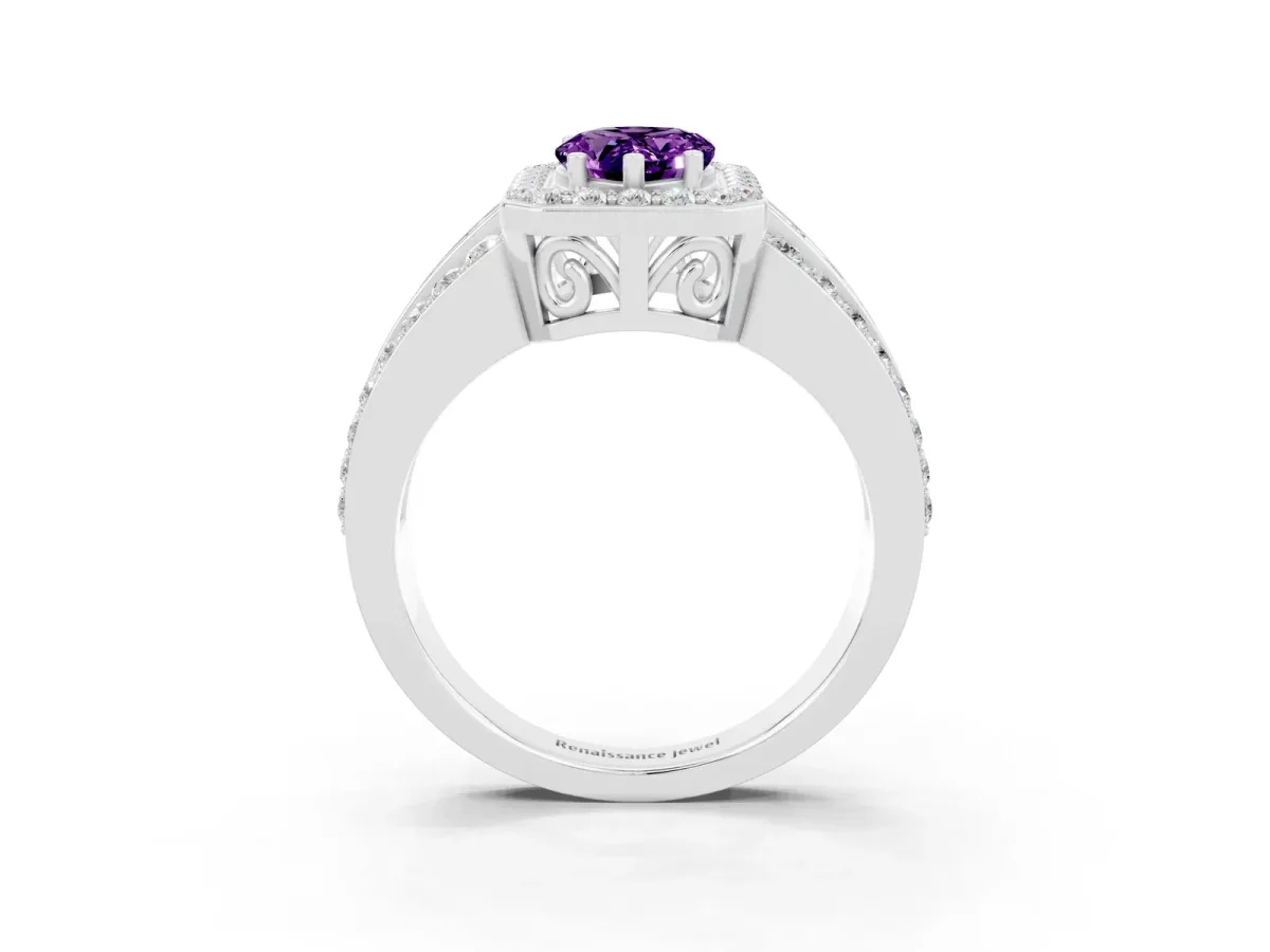 Pear Cut Halo Amethyst Ring with Round Split Shank and Prong Setting White gold