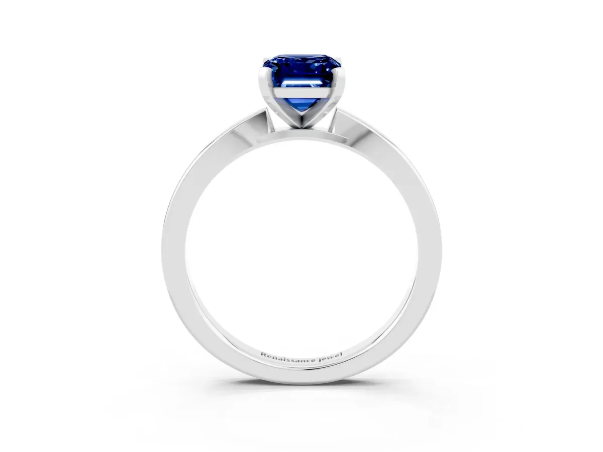 Emerald Cut Blue Sapphire Solitaire Engagement Ring with Classic Band and Four-Prong Setting Silver