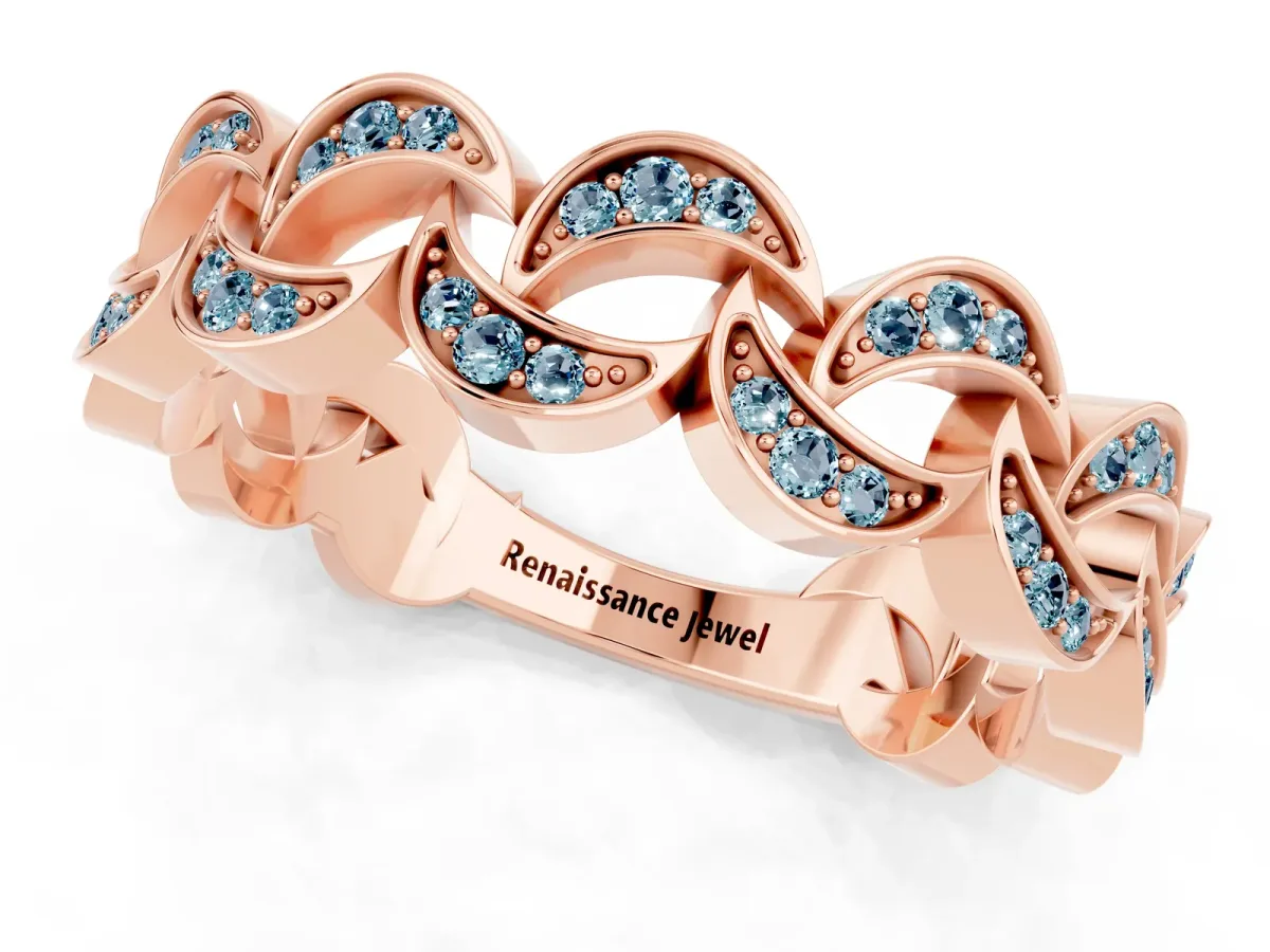 Pavé Round Aquamarine Interlocking Eternity Band with Bezel Prong Setting Rose gold