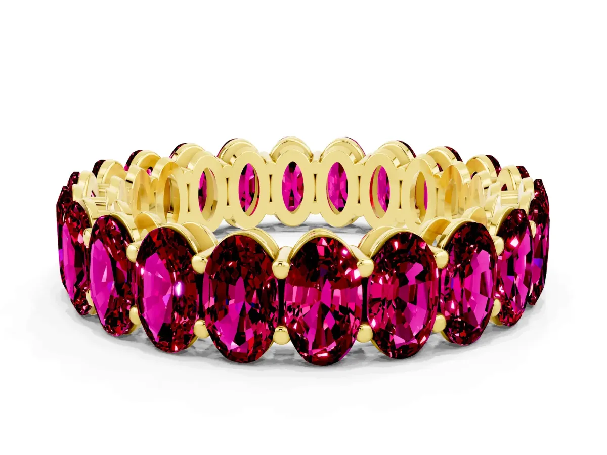 Oval Cut Garnet Eternity Band with Shared Prong Setting Yellow gold