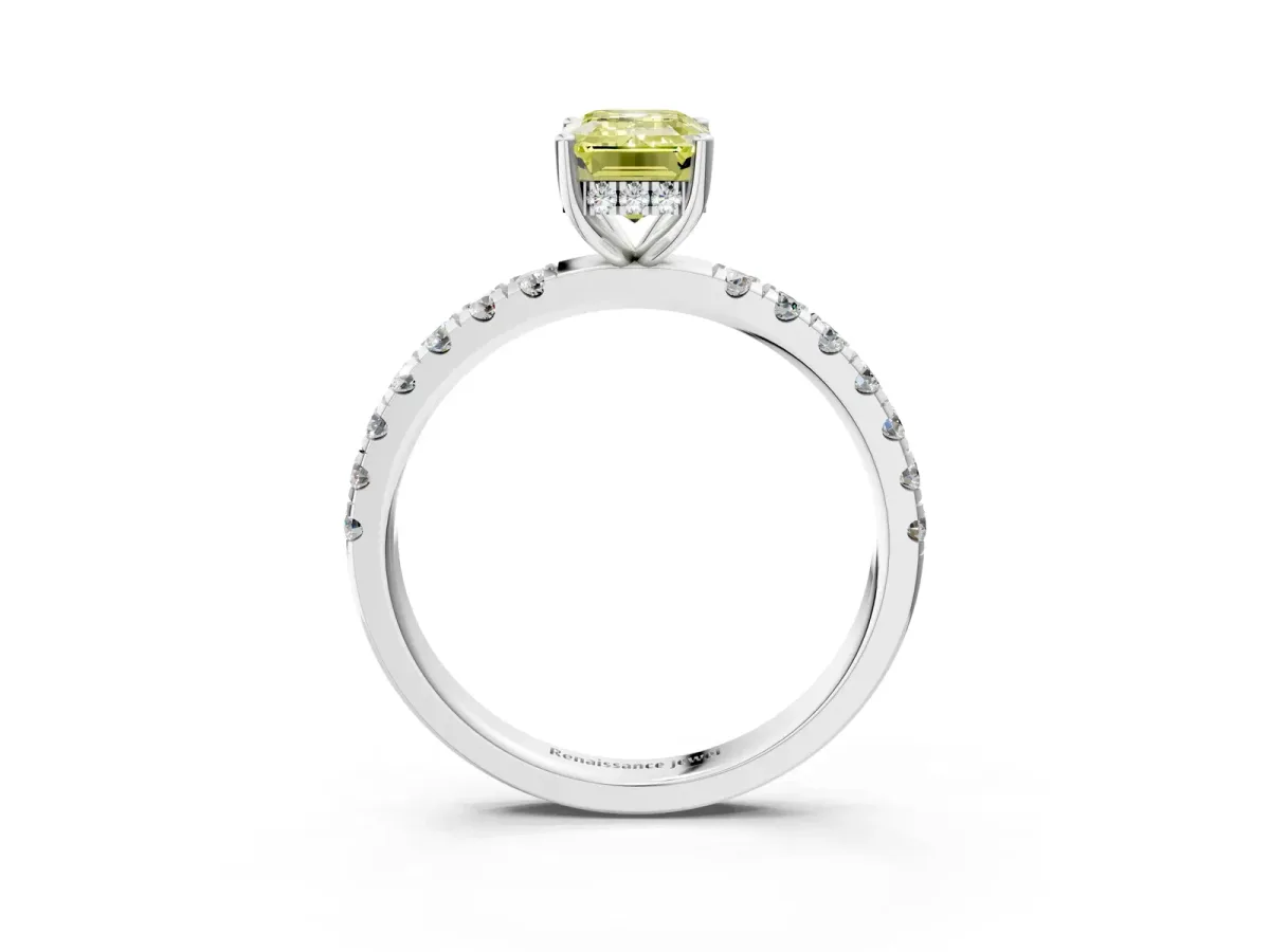 Fancy Yellow Emerald Cut Diamond Pave Band Solitaire Ring with Round and Prong Setting Platinum
