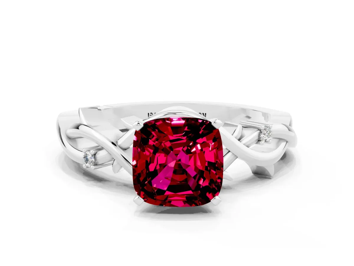 Cushion Cut Garnet Solitaire Ring with Twisted Band and Prong Setting Silver