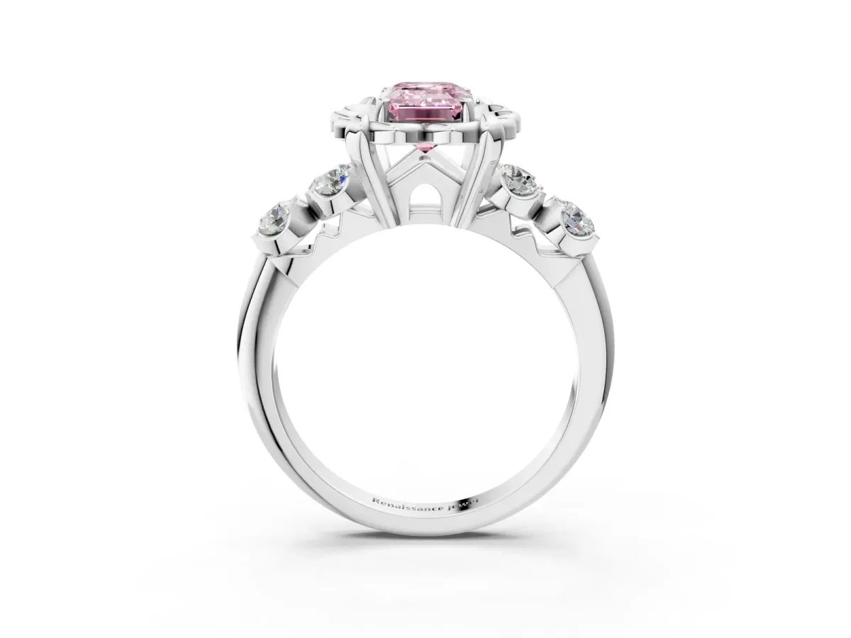 Fancy Pink Emerald Cut Cut Diamond Floral Halo Engagement Ring with Shared Prong Setting Silver