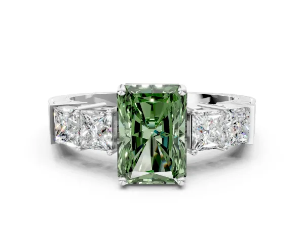 Fancy Green Radiant Cut Solitaire Princess Side Stone Engraved Band Prong Setting Ring Platinum
