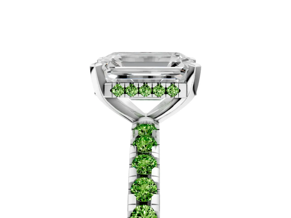 Emerald Cut Diamond Solitaire Ring with Round Peridot Pavé Band and Four-Prong Setting Silver