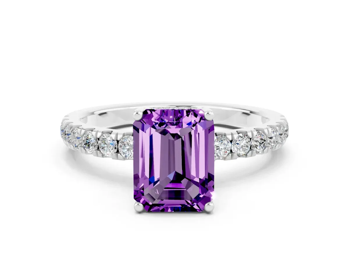 Emerald Cut Amethyst Pave Band Solitaire Ring with Round and Prong Setting Silver