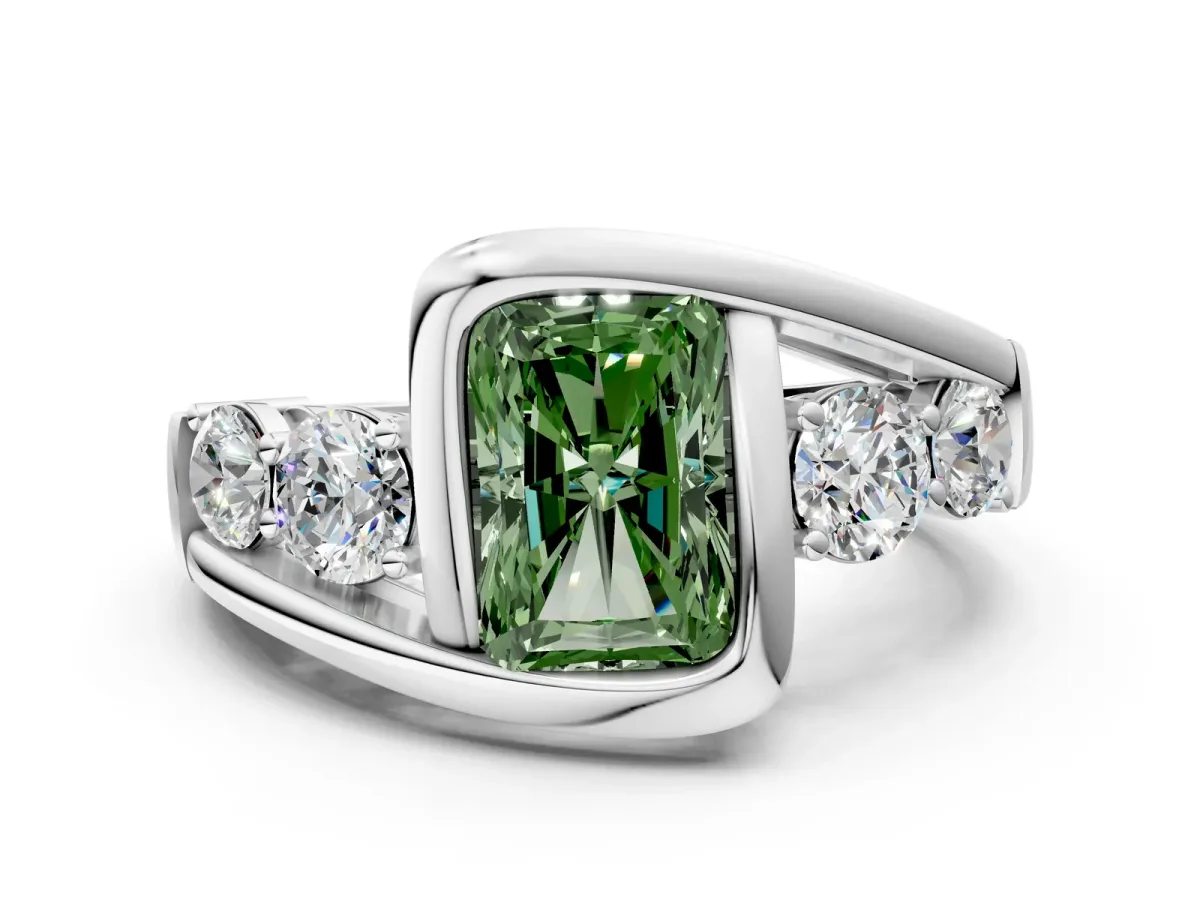 Fancy Green Bezel Set Radiant Cut Diamond Bypass Ring with Round Accents Platinum