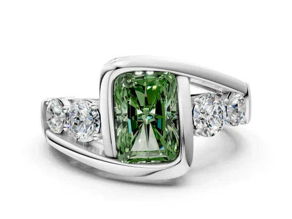 Fancy Green Bezel Set Radiant Cut Diamond Bypass Ring with Round Accents Platinum