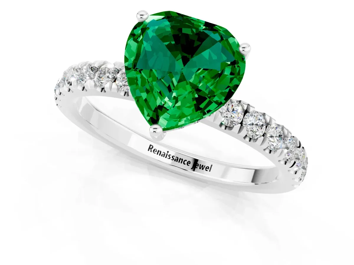 Heart Cut Emerald Pave Band Solitaire Ring with Round and Prong Setting Silver