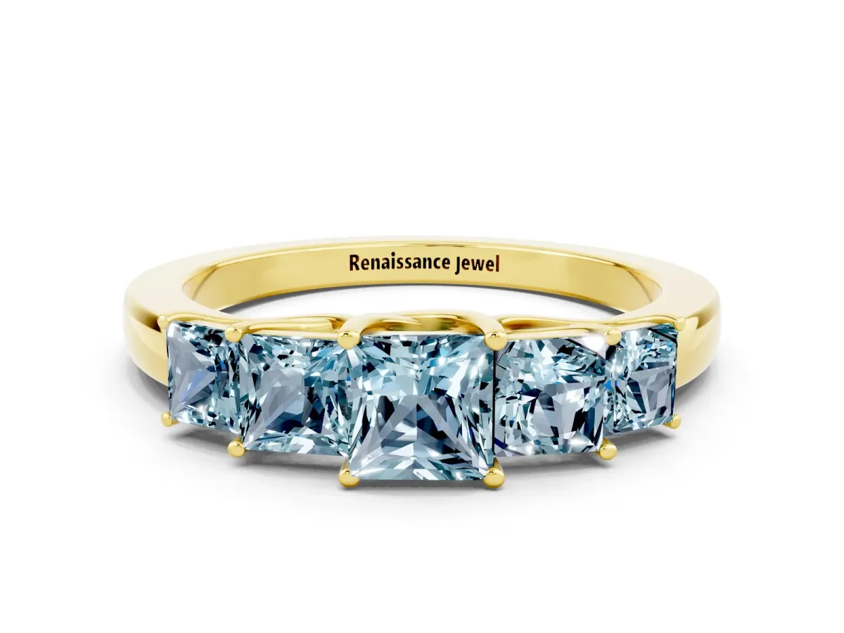 Princess Cut Five-Stone Aquamarine Ring with Classic Prong Setting Yellow gold