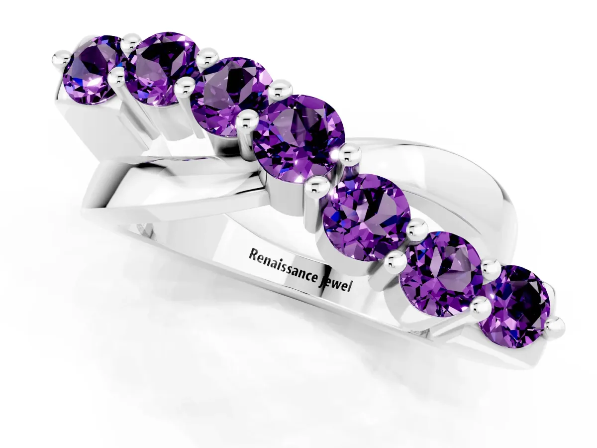 Round Amethyst Prong-Set Crossover Band White gold