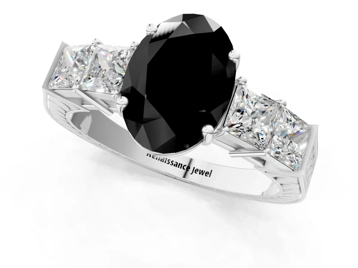 Fancy Black Oval Cut Solitaire Princess Side Stone Engraved Band Prong Setting Ring Platinum