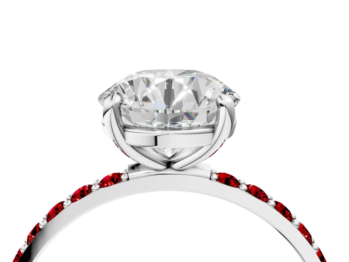Round Cut Diamond Solitaire Ring with Round Ruby Pavé Band and Prong Setting Silver