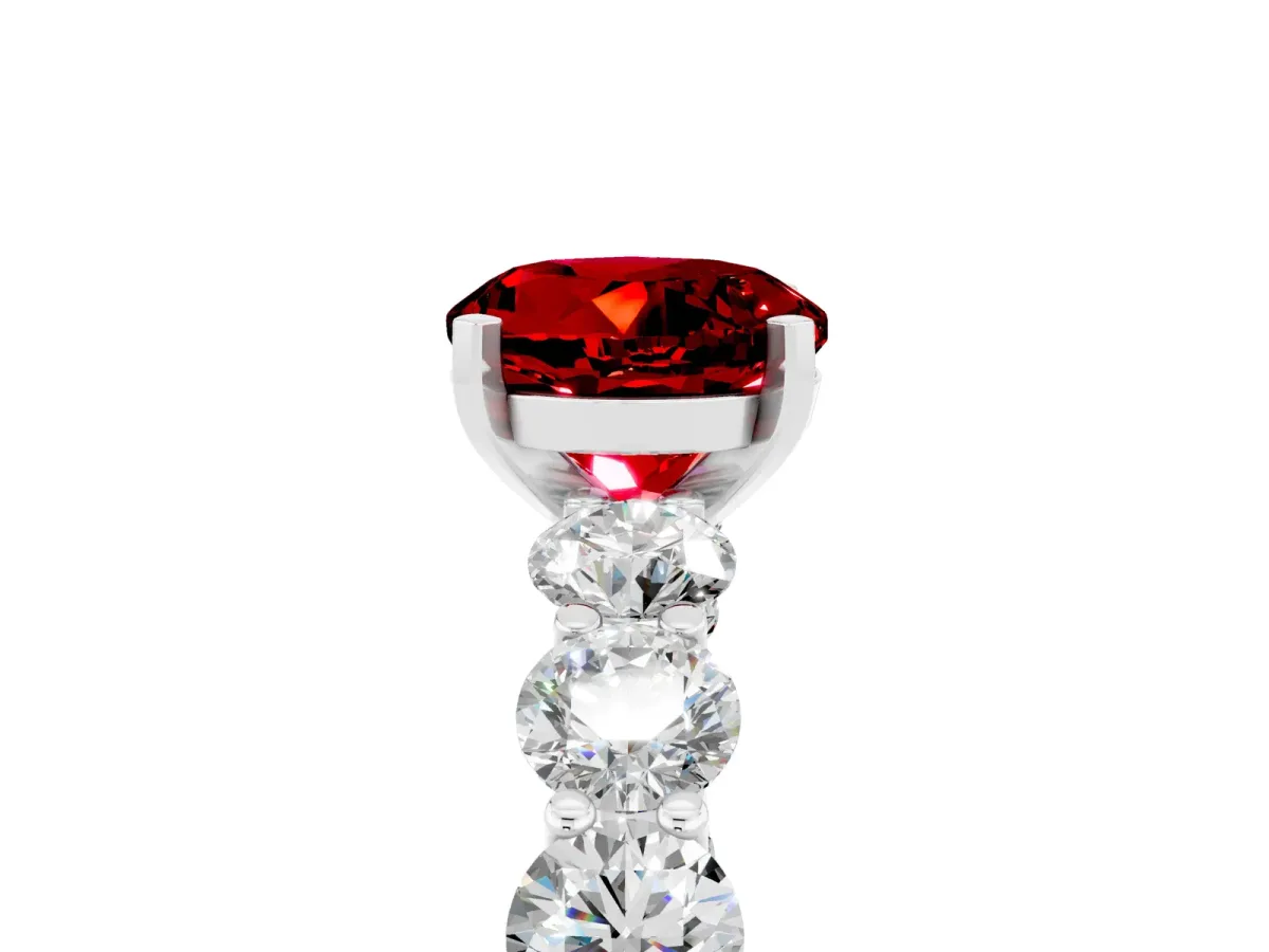 Round Cut Ruby Prong Setting with Side Stones on a Pave Band Platinum